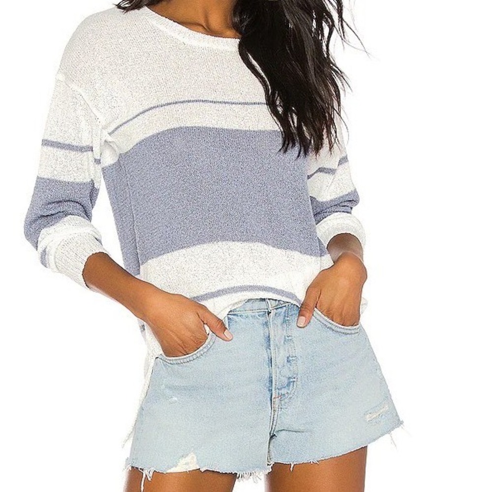 Superdown Tiffany XS Striped  Knit Sweater White Blue Crew Neck Pullover